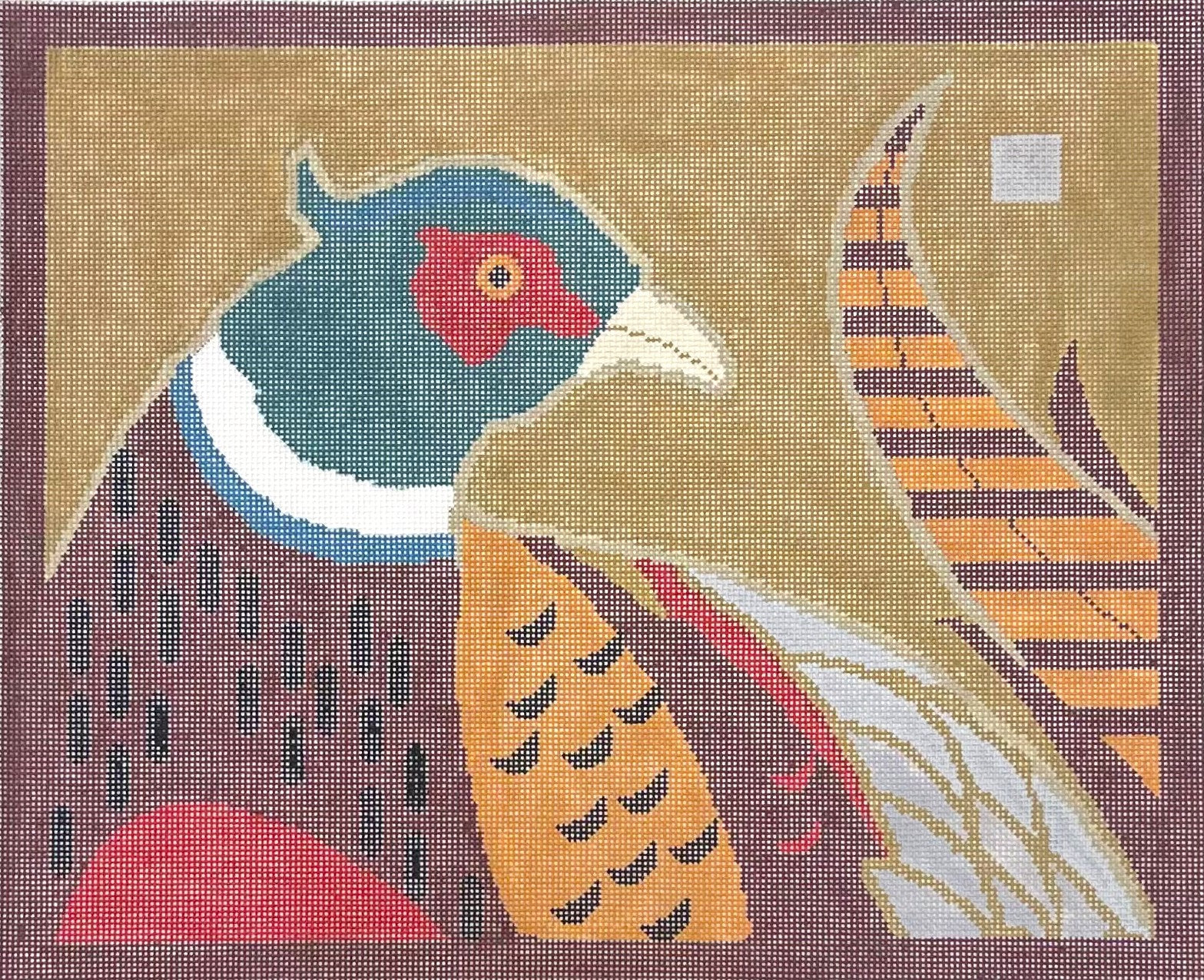3 Kittens needlepoint canvas of a decorative pheasant on a beige background