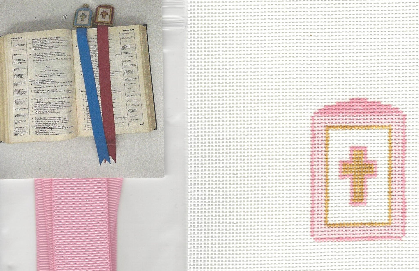 Patricia Stone needlepoint canvas of a bookmark with a pink and gold cross