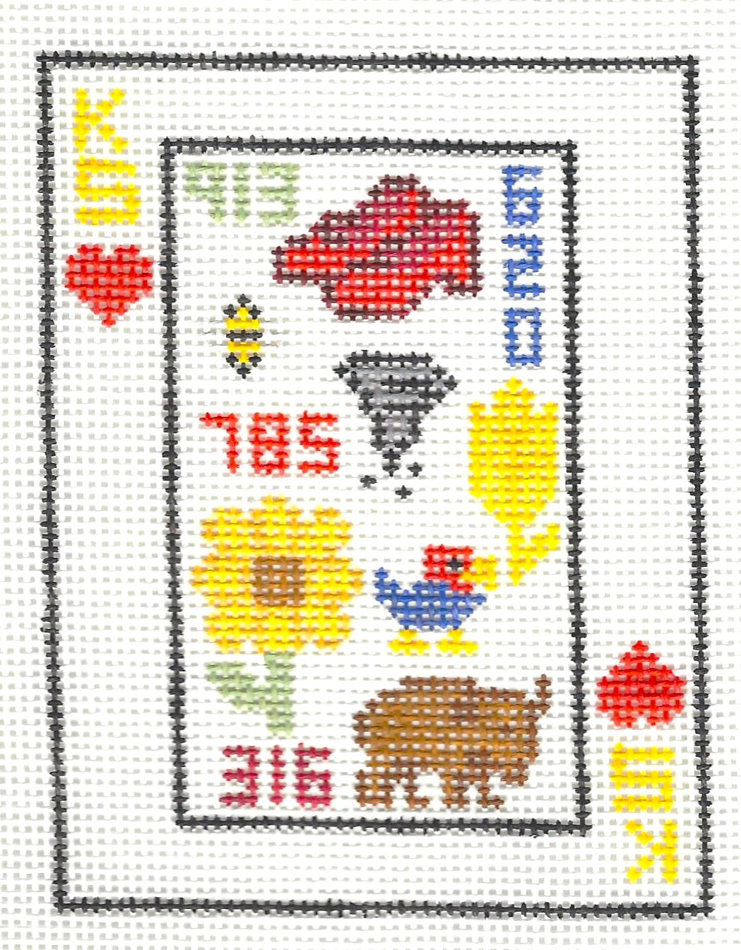 Threaded & Tipsy needlepoint canvas of a Kansas-themed playing card.