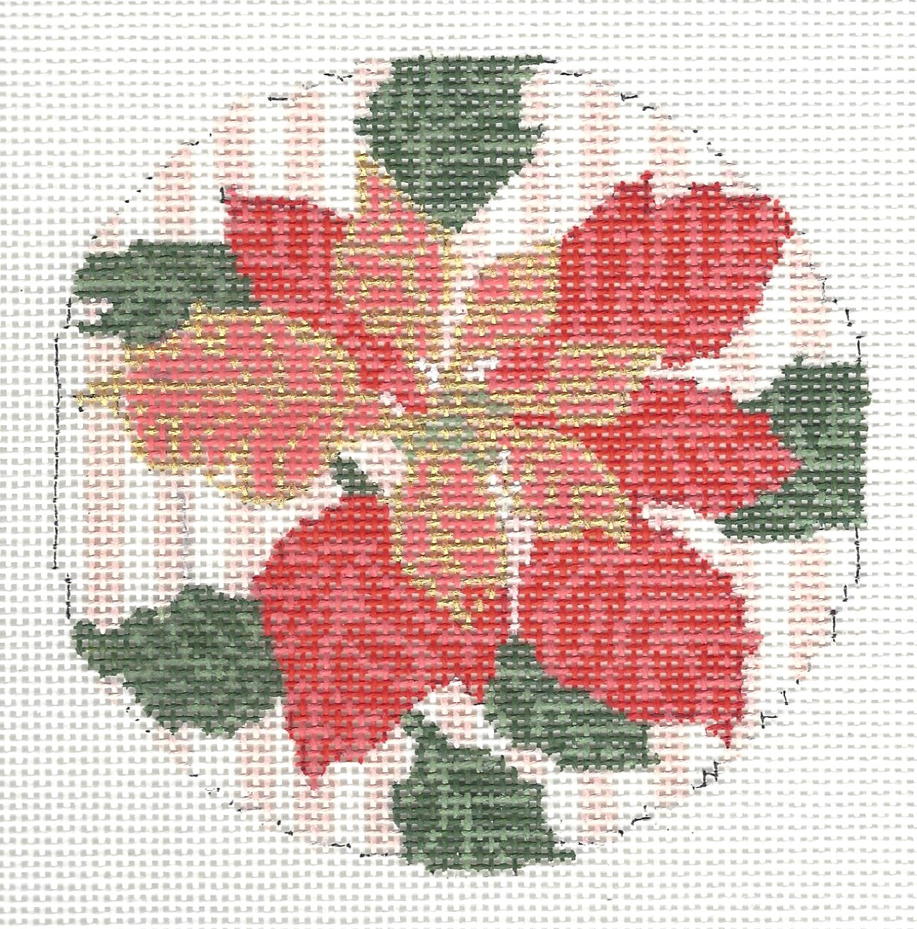 Gingham Stitchery round needlepoint canvas of poinsettia 
