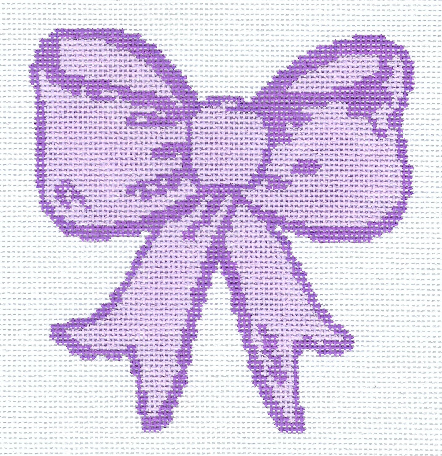 Threaded & Tipsy needlepoint canvas of of a purple bow, shown on a white background.