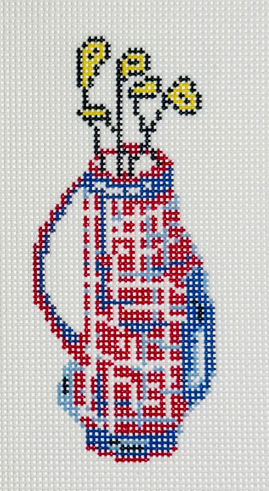 KCN Designers needlepoint canvas of a red plaid golf bag ornament