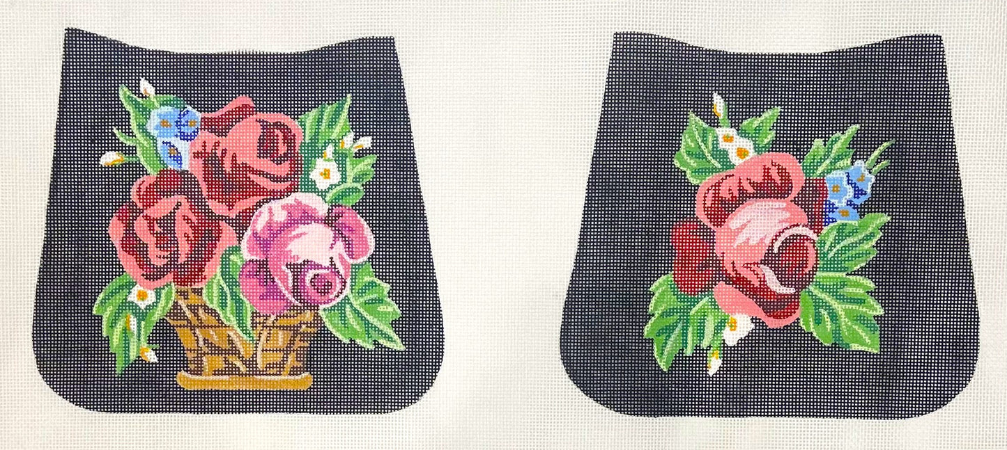 Judi & Co. needlepoint canvas of a black basket purse with floral designs featuring roses and flowers.