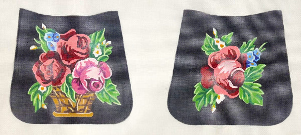 Judi & Co. needlepoint canvas of a black basket purse with floral designs featuring roses and flowers.