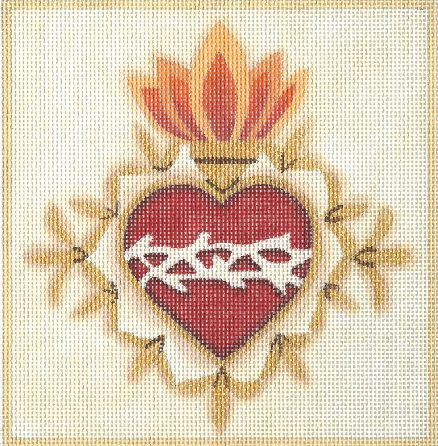 Raymond Crawford Designs needlepoint canvas of heart symbol with cross and flames on a beige background