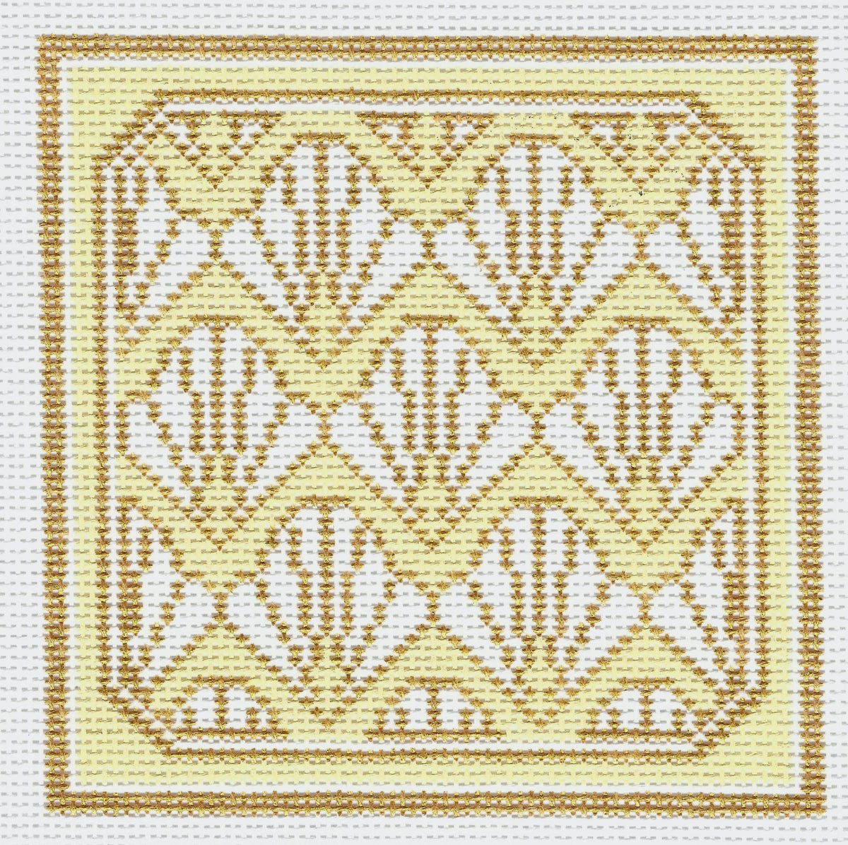 Saturnalia Stitching square needlepoint canvas featuring a geometric Art Deco pattern of scallops in tan and white on a pale yellow background.