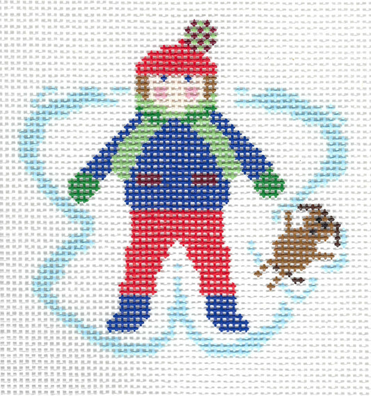 SLS Needlepoint canvas of girl making snow angel with small brown dog.