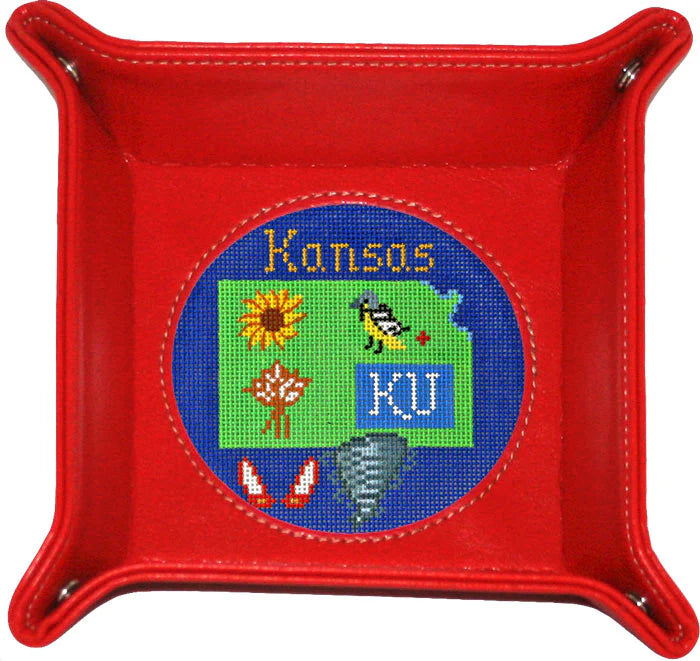 Lee's Needle Art red leather snap tray with a state of Kansas needlepoint design.