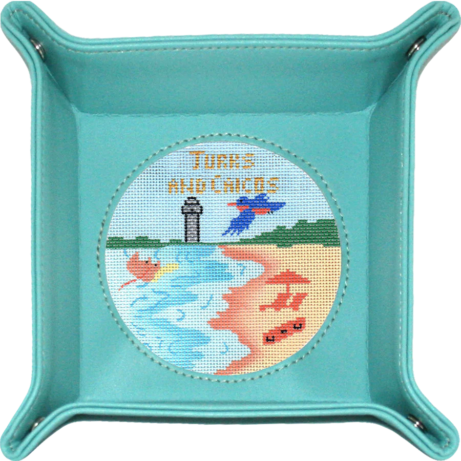 Lee's Needle Art teal leather snap tray with a Turks and Caicos needlepoint design.