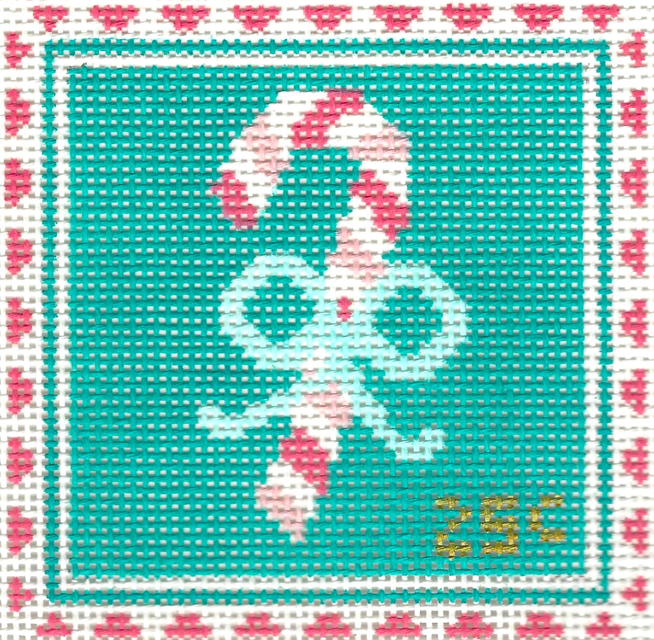 Stitch Rock needlepoint canvas of a candy cane with a red and white patterned border on a teal background.