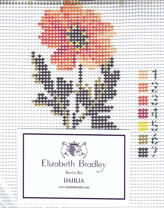 Elizabeth Bradley starter needlepoint kit featuring a dahlia flower design on white background.