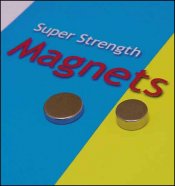 Super Strength Magnets packaging with two magnets on a blue and yellow background