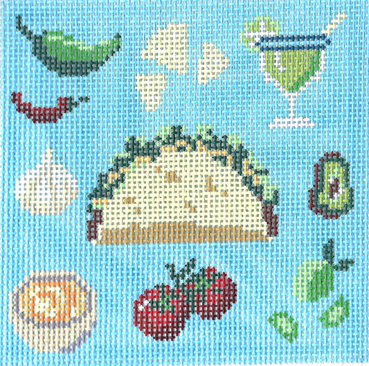 The Painted Stitch needlepoint canvas featuring a taco with green garnish, tomatoes, jalapeños, garlic, avocado, lime, chips, and a margarita glass.