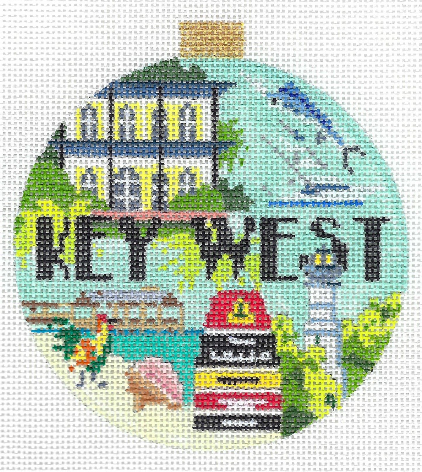 Kirk & Bradley circular needlepoint canvas featuring the words “KEY WEST” across the center, surrounded by coastal illustrations including a house, lighthouse, boats, palm trees, and a rooster.
