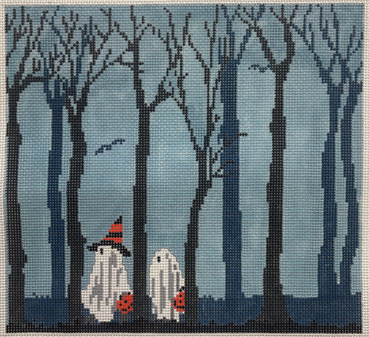 Scott Church needlepoint canvas of two trick-or-treaters dressed as ghosts walking in a dark forest of bare trees.