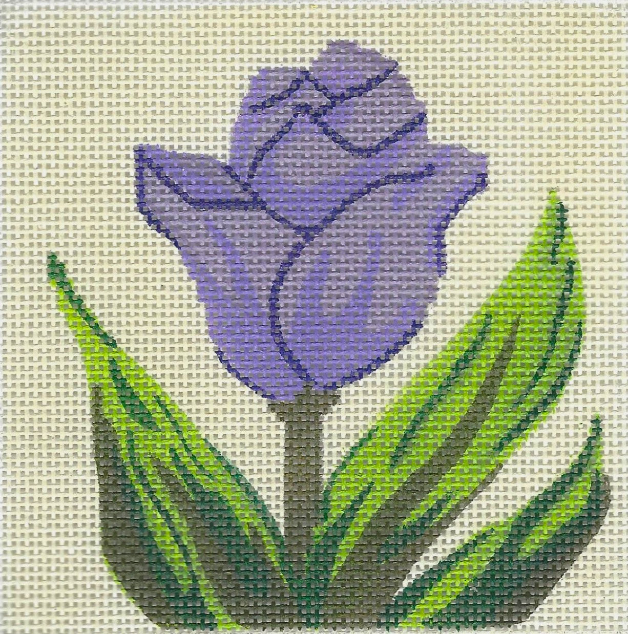 j. childs needlepoint canvas of a purple tulip with green leaves on a beige background