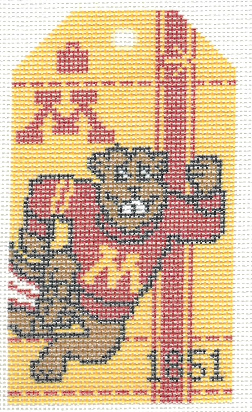 Hedgehog Needlepoint travel bag needlepoint canvas with University of Minnesota mascot and plaid pattern in yellow and red.