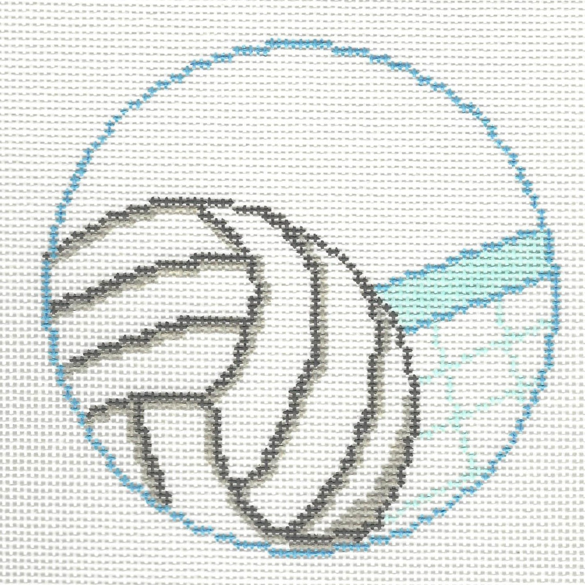 Gingham Stitchery round needlepoint canvas of a volleyball going towards a blue volleyball net.