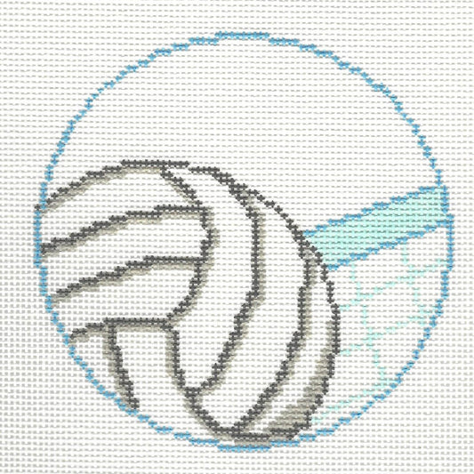 Gingham Stitchery round needlepoint canvas of a volleyball going towards a blue volleyball net.
