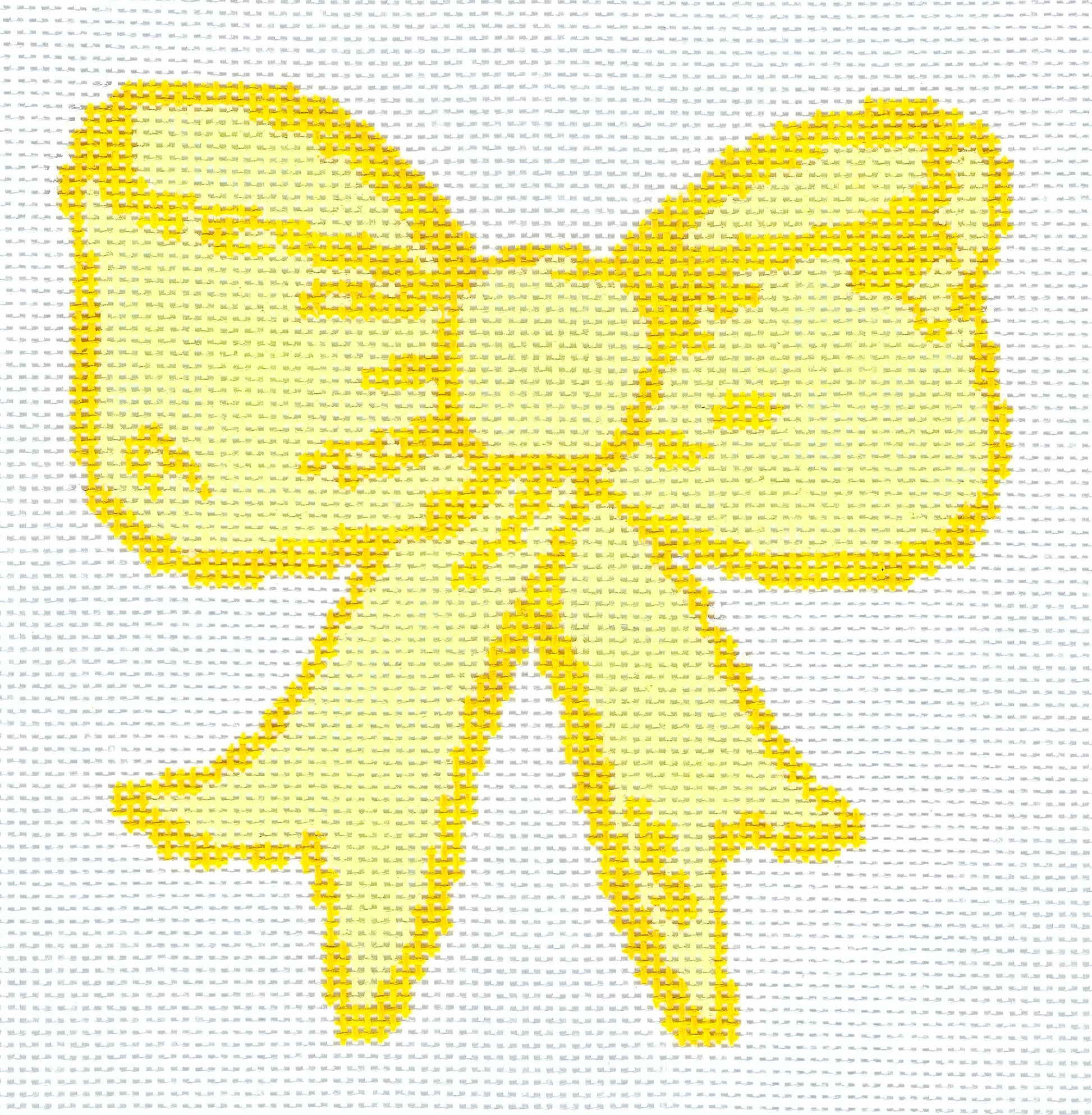 Threaded & Tipsy needlepoint canvas of a yellow bow on a white background.
