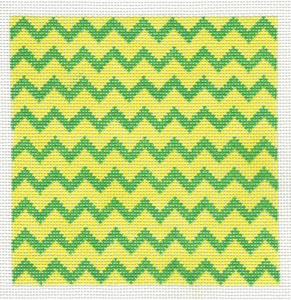 Kate Dickerson Needlepoint Collection needlepoint canvas of green and yellow chevron pattern.