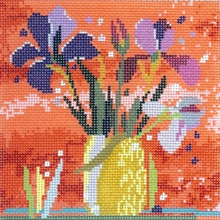 Birds of a Feather needlepoint canvas of flowers in a yellow vase on an orange background
